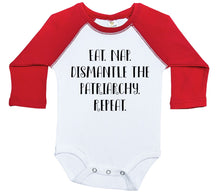 Load image into Gallery viewer, EAT. NAP. DISMANTLE THE PATRIARCHY. REPEAT. / Long Sleeve Raglan Baby Onesie - Baffle