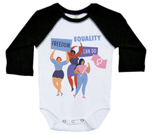 Load image into Gallery viewer, Freedom, Equality - Women's Day / Long Sleeve Raglan Onesie - Baffle