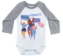 Load image into Gallery viewer, Freedom, Equality - Women's Day / Long Sleeve Raglan Onesie - Baffle