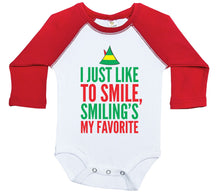 Load image into Gallery viewer, I Just Like To Smile, Smiling's My Favorite / Raglan Baby Onesie / Long Sleeve - Baffle