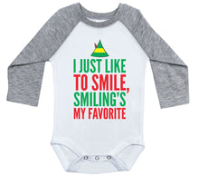 Load image into Gallery viewer, I Just Like To Smile, Smiling's My Favorite / Raglan Baby Onesie / Long Sleeve - Baffle