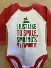 Load image into Gallery viewer, I Just Like To Smile, Smiling's My Favorite / Raglan Baby Onesie / Long Sleeve - Baffle