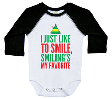 Load image into Gallery viewer, I Just Like To Smile, Smiling's My Favorite / Raglan Baby Onesie / Long Sleeve - Baffle