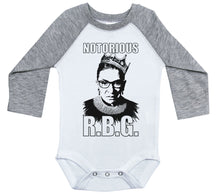Load image into Gallery viewer, Notorious RBG w/ TEXT - Ruth Bader Ginsburg / Long Sleeve Raglan Onesie - Baffle