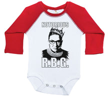 Load image into Gallery viewer, Notorious RBG w/ TEXT - Ruth Bader Ginsburg / Long Sleeve Raglan Onesie - Baffle