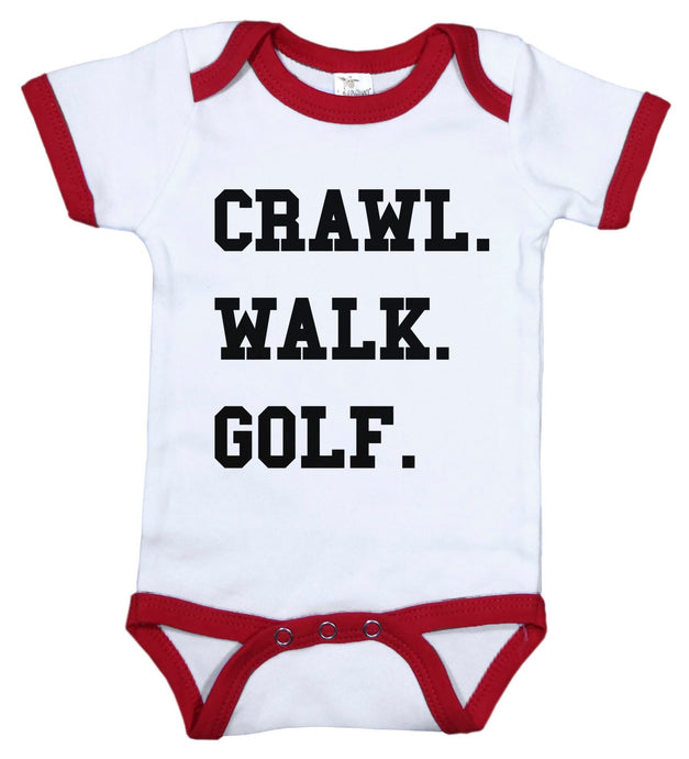Crawl. Walk. Golf. / Sports Ringer Onesie - Baffle
