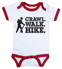 Load image into Gallery viewer, Crawl. Walk. Hike. / Sports Ringer Onesie - Baffle
