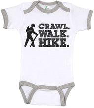 Load image into Gallery viewer, Crawl. Walk. Hike. / Sports Ringer Onesie - Baffle

