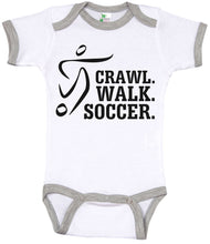 Load image into Gallery viewer, Crawl. Walk. Soccer. / Sports Ringer Onesie - Baffle
