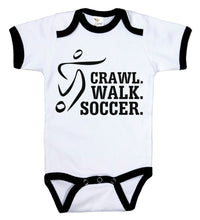 Load image into Gallery viewer, Crawl. Walk. Soccer. / Sports Ringer Onesie - Baffle
