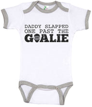 Load image into Gallery viewer, Daddy Slapped One Past The Goalie / Hockey Ringer Onesie - Baffle

