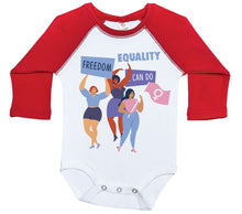 Load image into Gallery viewer, Freedom, Equality - Women&#39;s Day / Long Sleeve Raglan Onesie - Baffle
