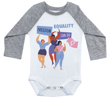 Load image into Gallery viewer, Freedom, Equality - Women&#39;s Day / Long Sleeve Raglan Onesie - Baffle
