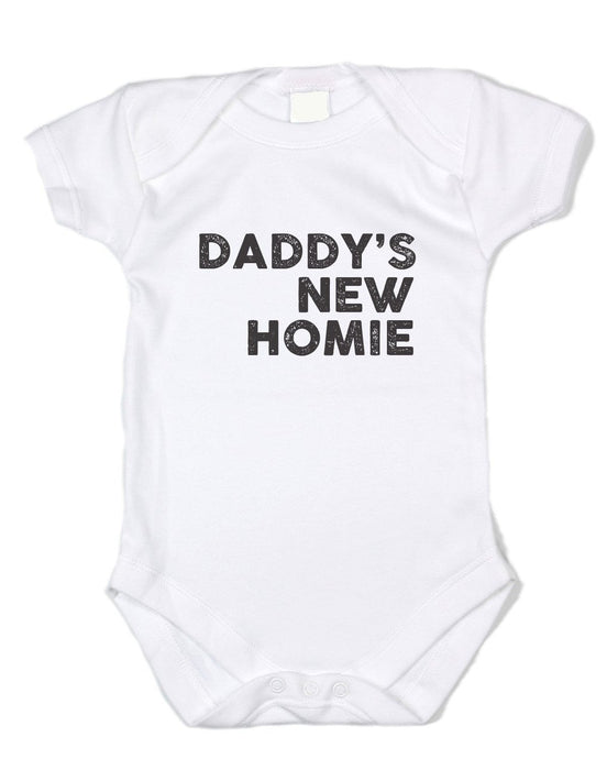 Funny Baby Clothes - Daddy's New Homie - Black Text, White Bodysuit - Baffle