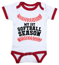 Load image into Gallery viewer, My First Softball Season / Sports Ringer Onesie - Baffle

