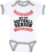 Load image into Gallery viewer, My First Softball Season / Sports Ringer Onesie - Baffle
