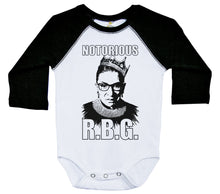 Load image into Gallery viewer, Notorious RBG w/ TEXT - Ruth Bader Ginsburg / Long Sleeve Raglan Onesie - Baffle
