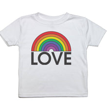 Load image into Gallery viewer, a toddler tee with the text &quot;love&quot; below a rainbow
